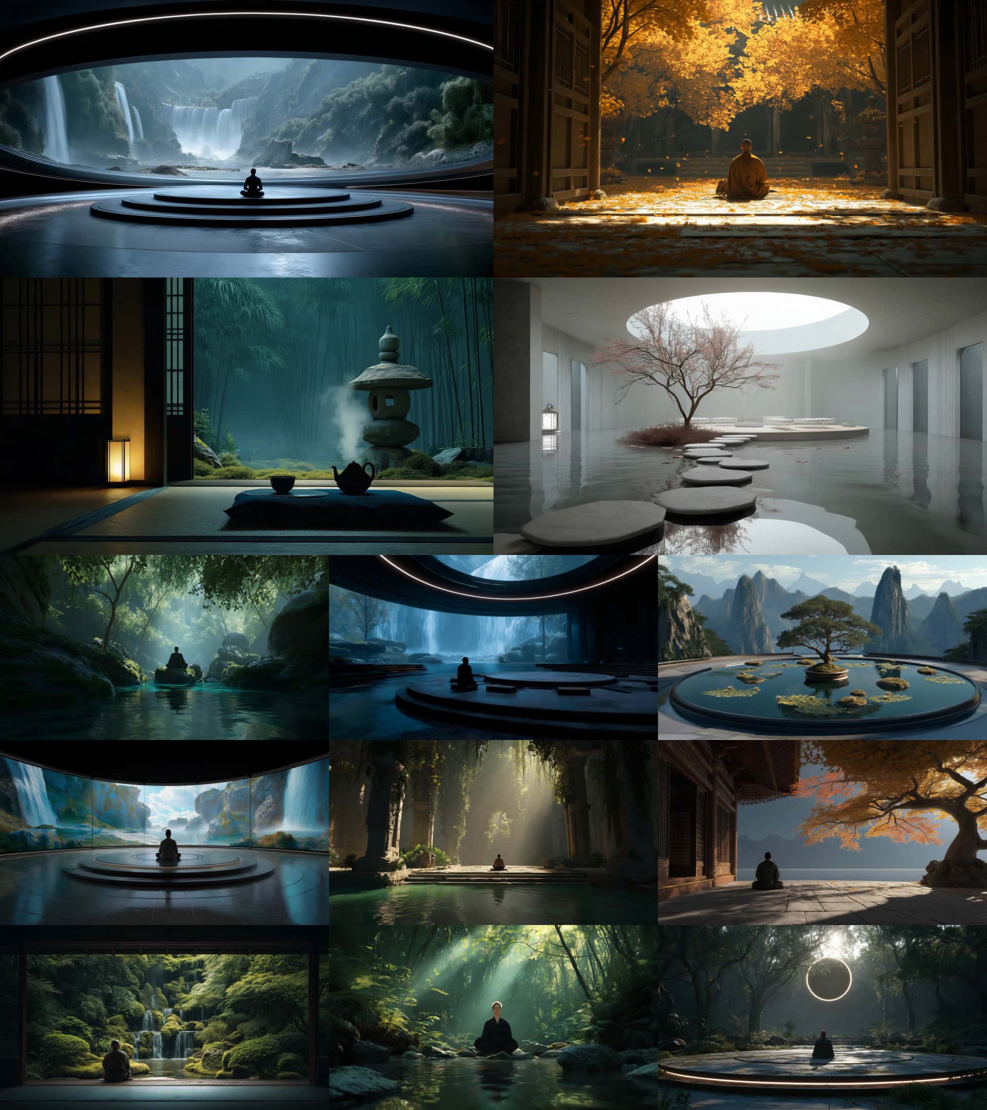 宁静禅意修行场景，各式湖泊、庭院、禅坐禅修环境，静谧自然引导内心平静。.