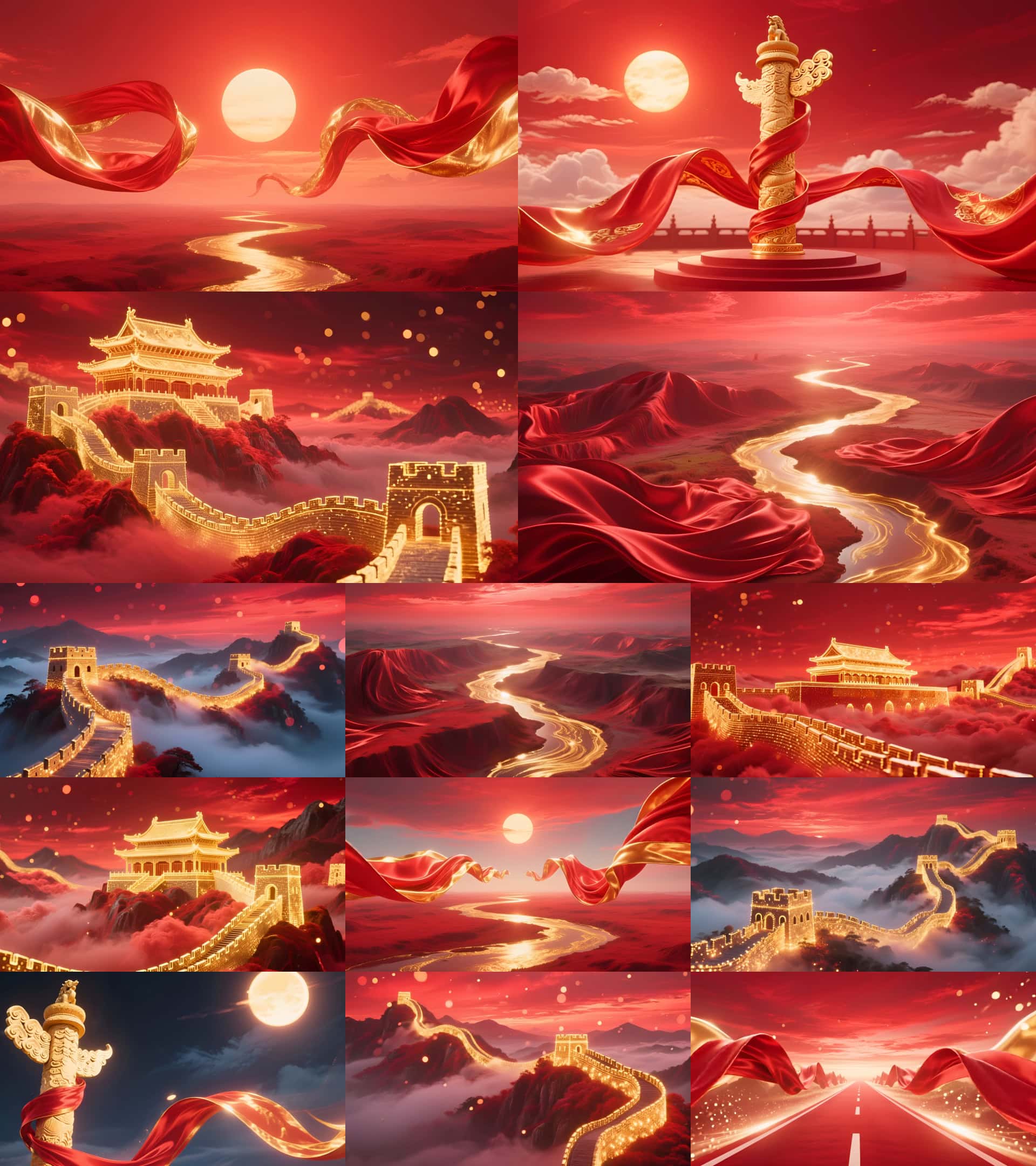 夕阳下的长城与红色丝带.