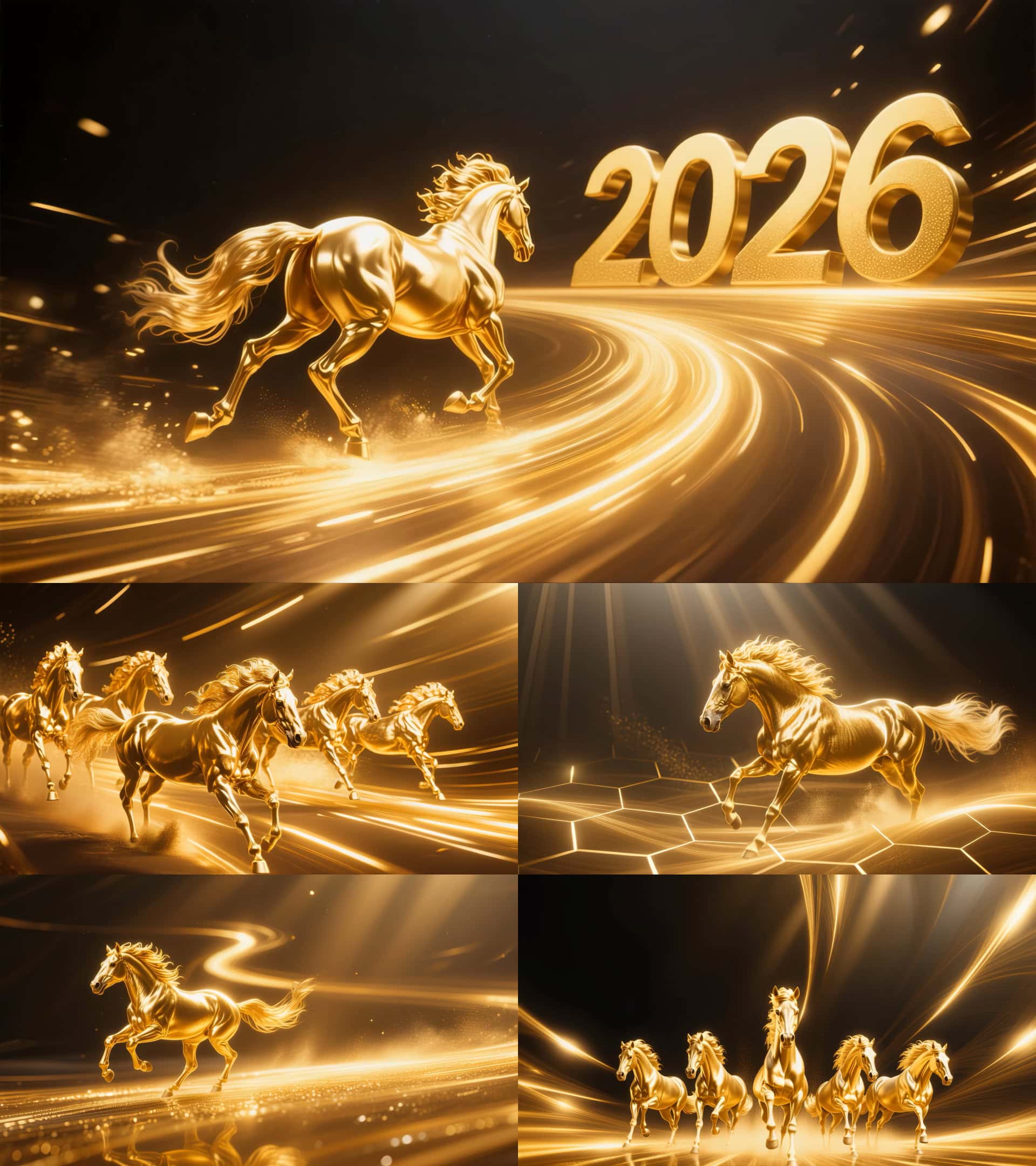 奔跑的金色马群迎接2026年，象征新年新希望与动力。.