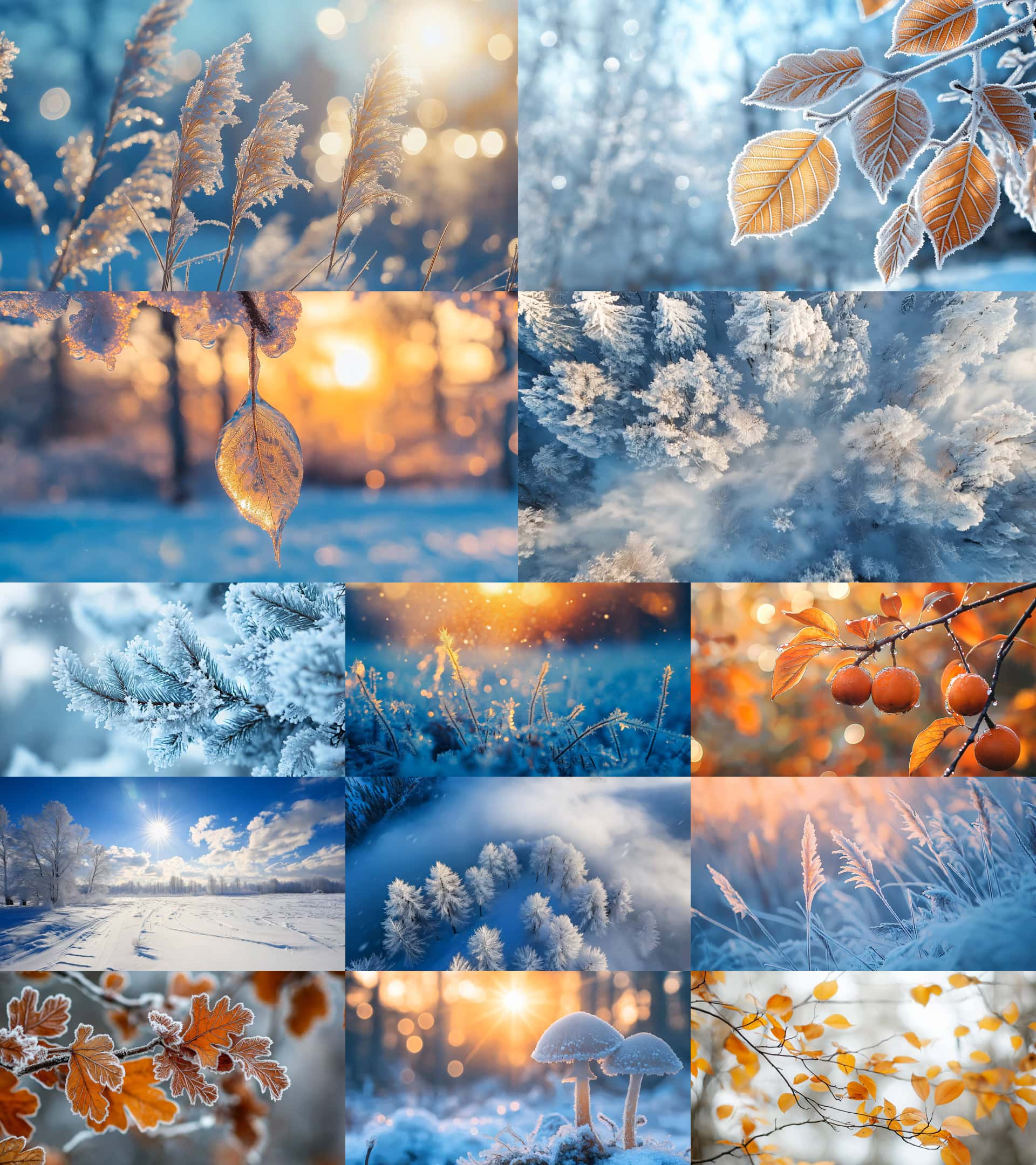 1. 冬季雪景和金色阳光下的落叶植物自然美景.