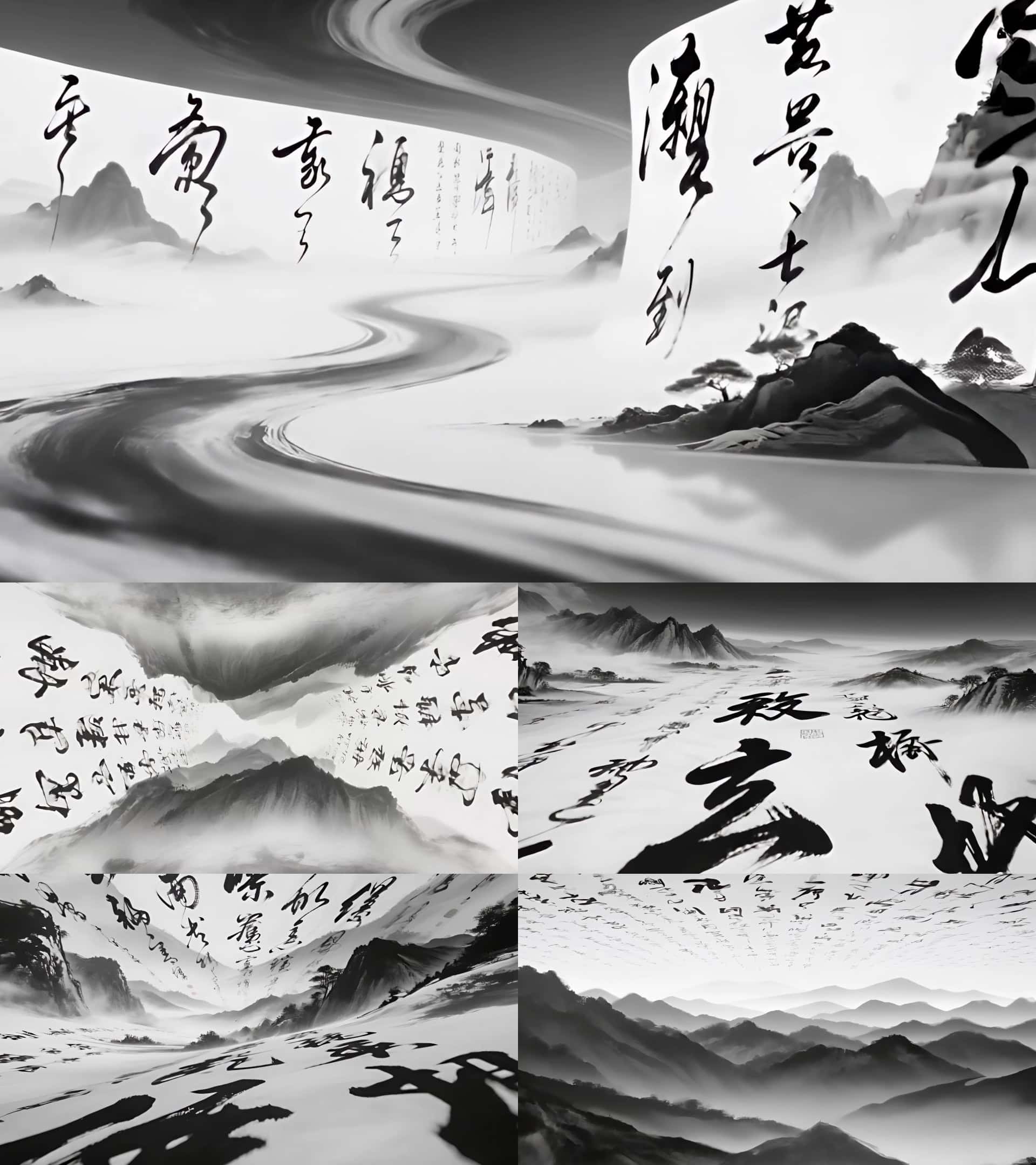传统中国山水与书法结合的水墨艺术风景，展现东方文化美学。.