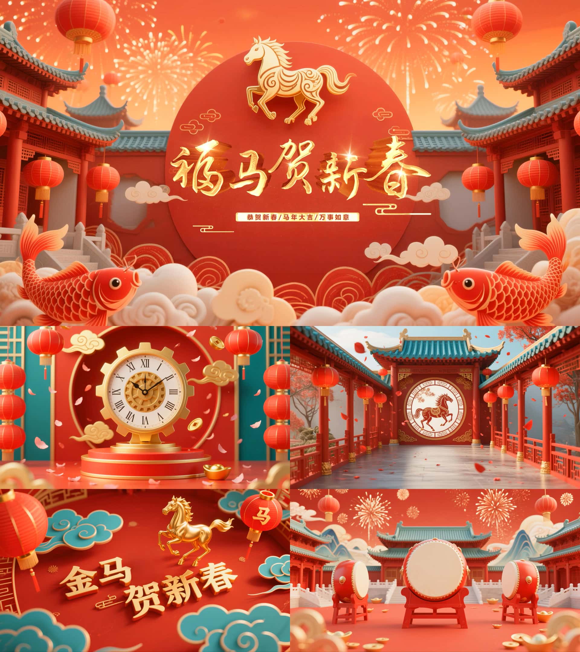 繁荣喜庆的春节氛围，红色灯笼、金鱼、金马元素装饰，春节祝福图片设计，适用于新春庆典海报.