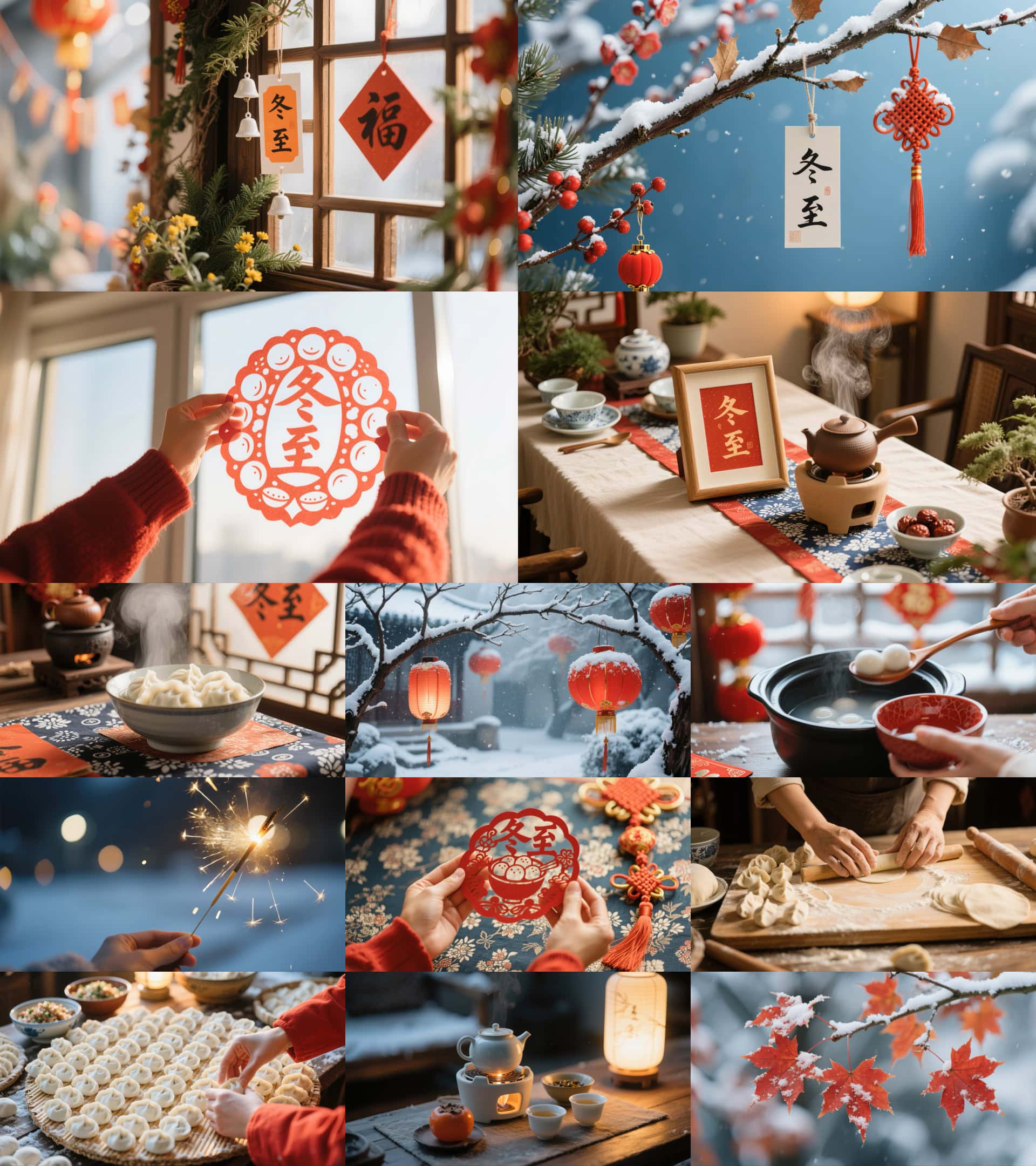 欣赏冬至节日装饰和传统美食的温馨场景，彰显中国春节喜庆氛围。.