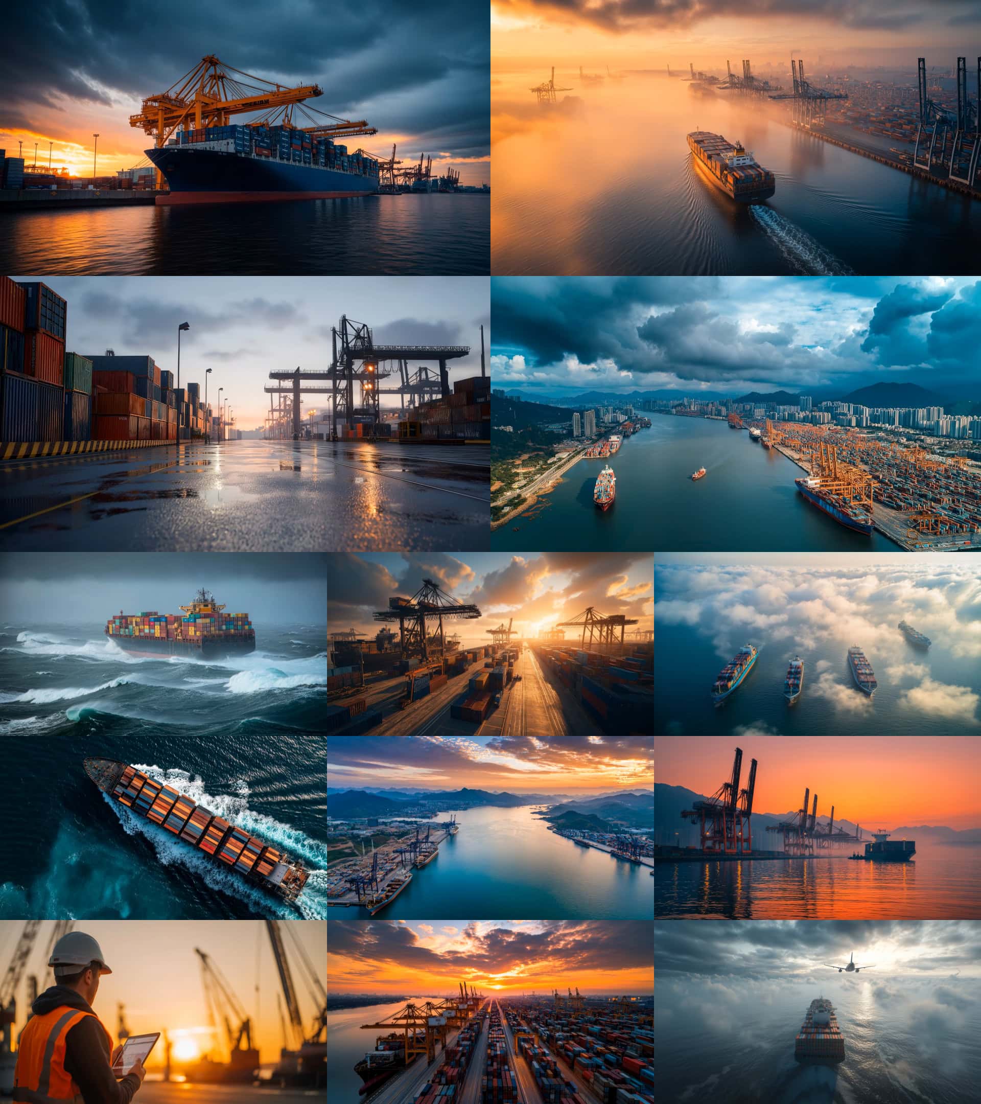 货轮在海上货运码头作业，工业港口与海景风光.