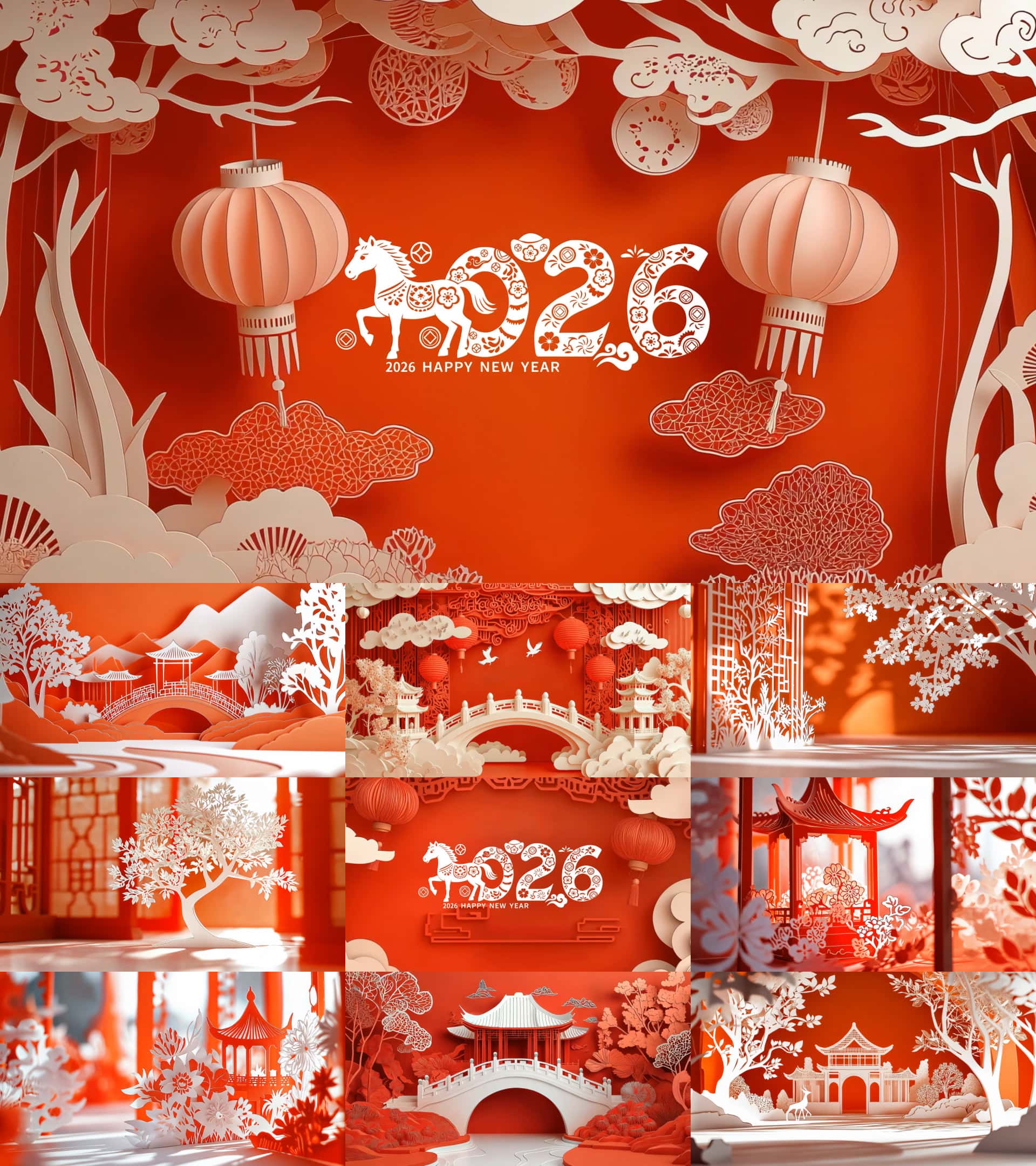 2026马年春节元宵节红色剪纸风背景视频预览