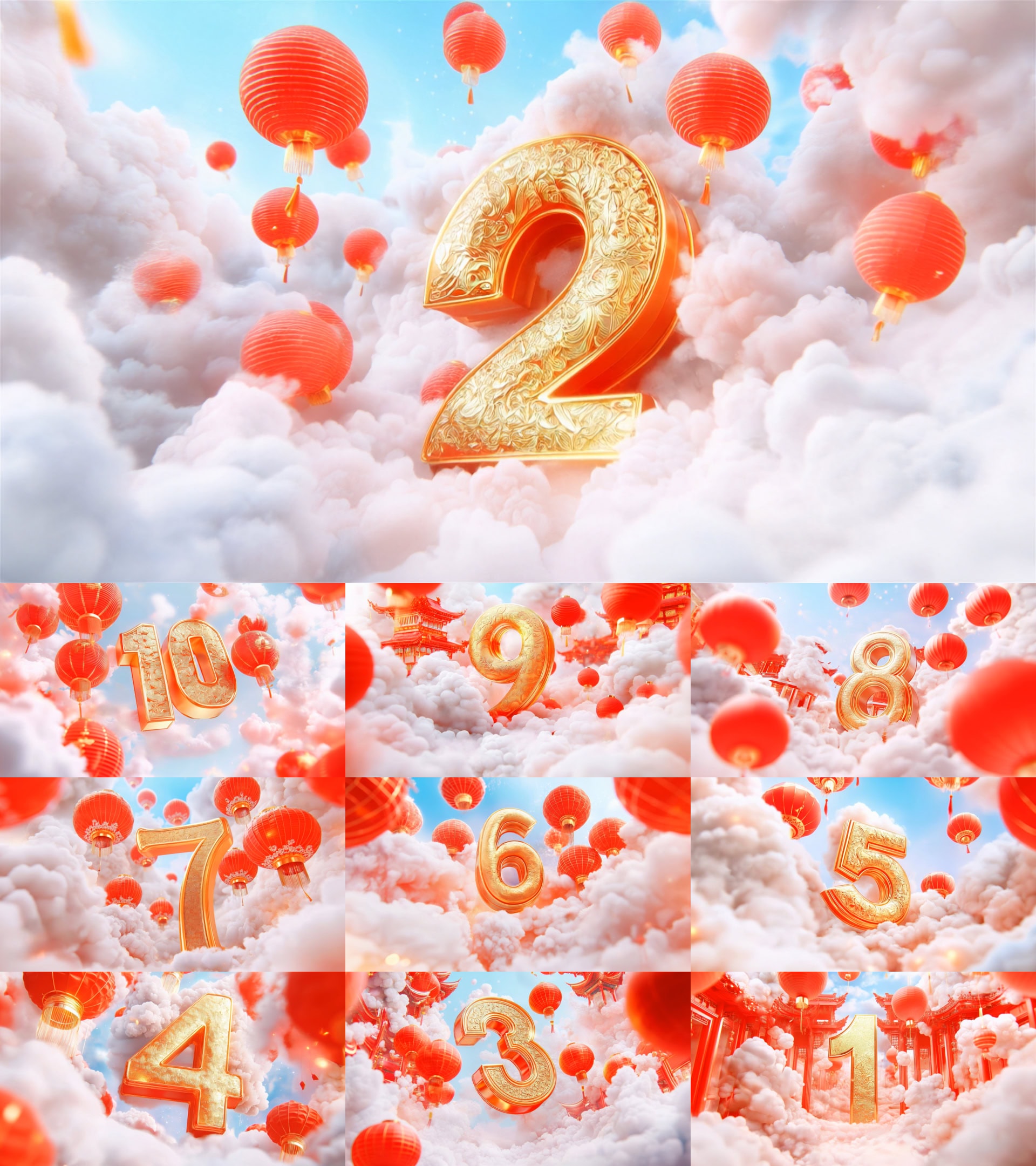 1. 4k片头视频素材，数字气球云中飞舞，春节喜庆氛围浓厚。.