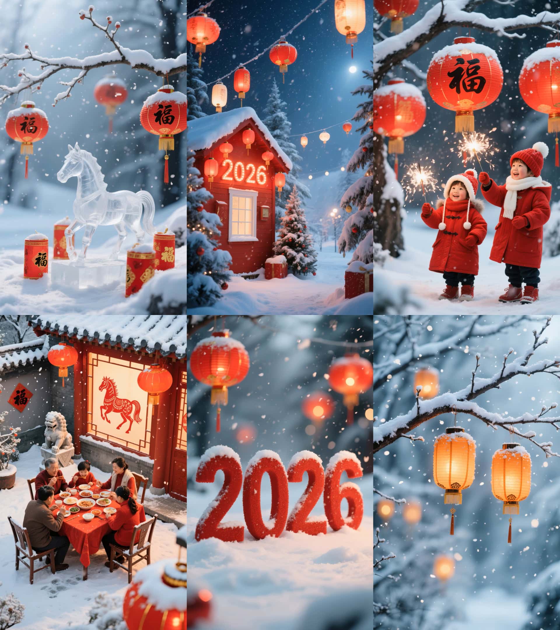 2026马年新年竖版视频素材雪景灯笼拜年