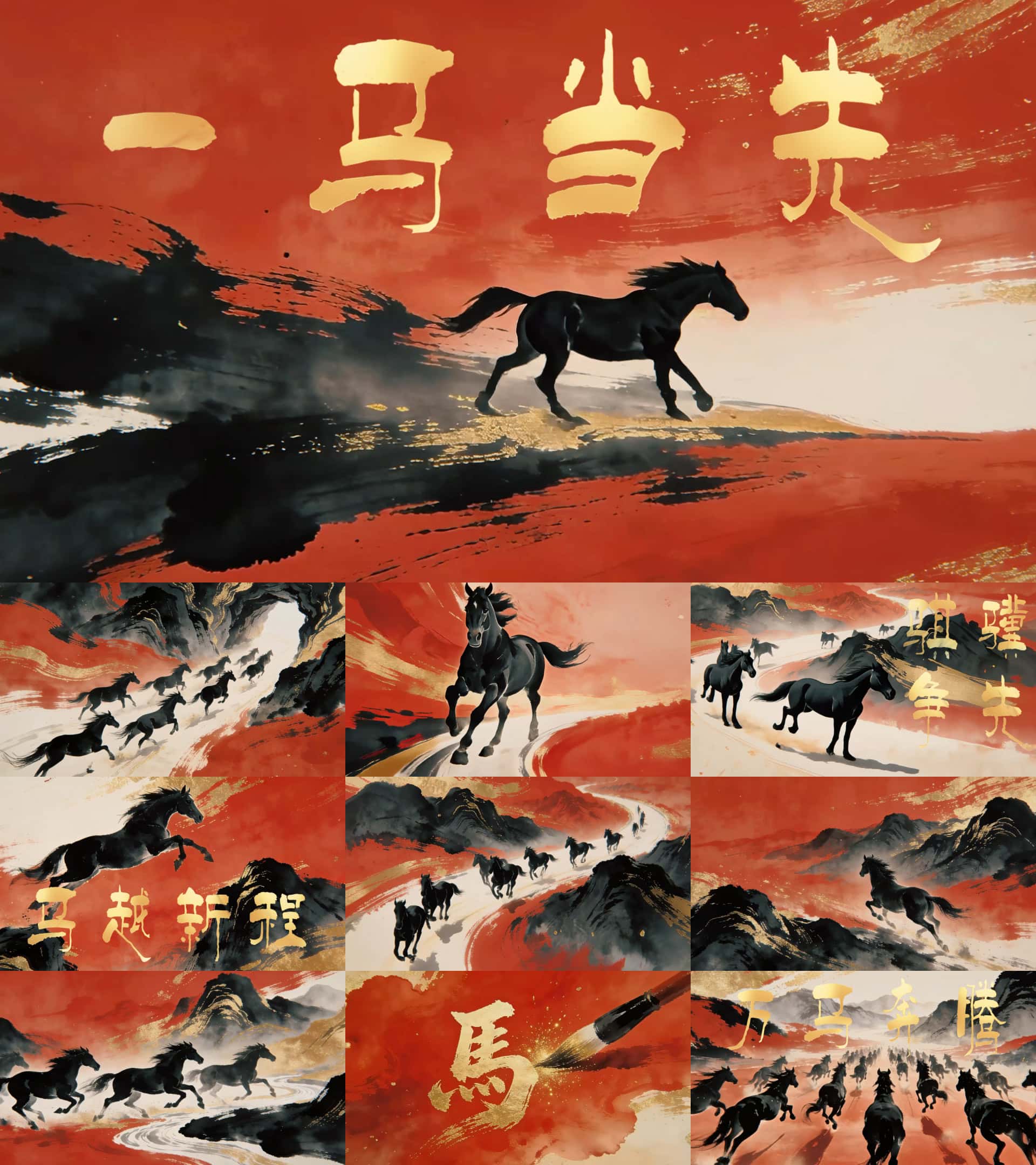 2026马年企业年会开场视频素材水墨万马奔腾
