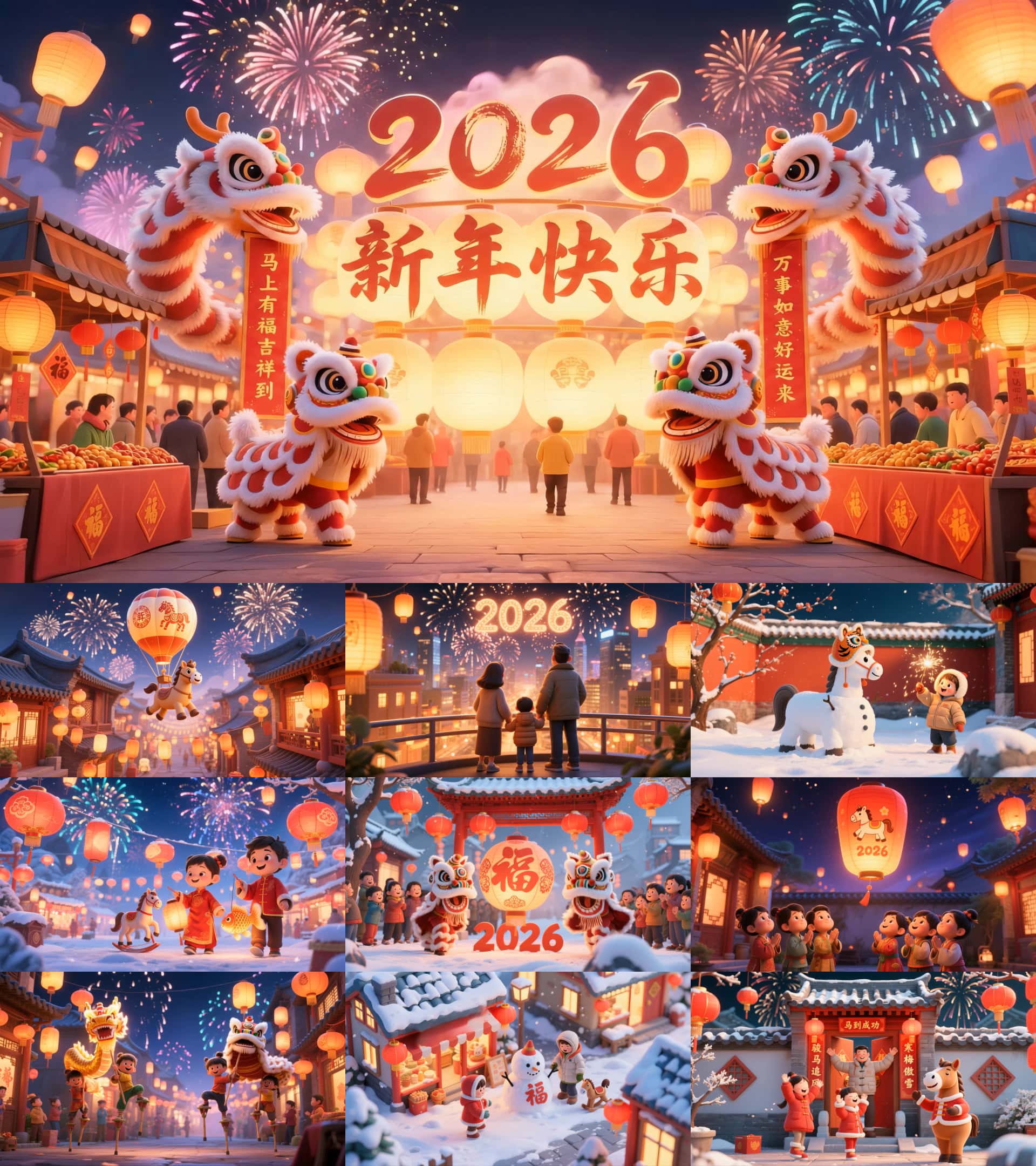2026马年春节视频素材卡通动画舞狮片头