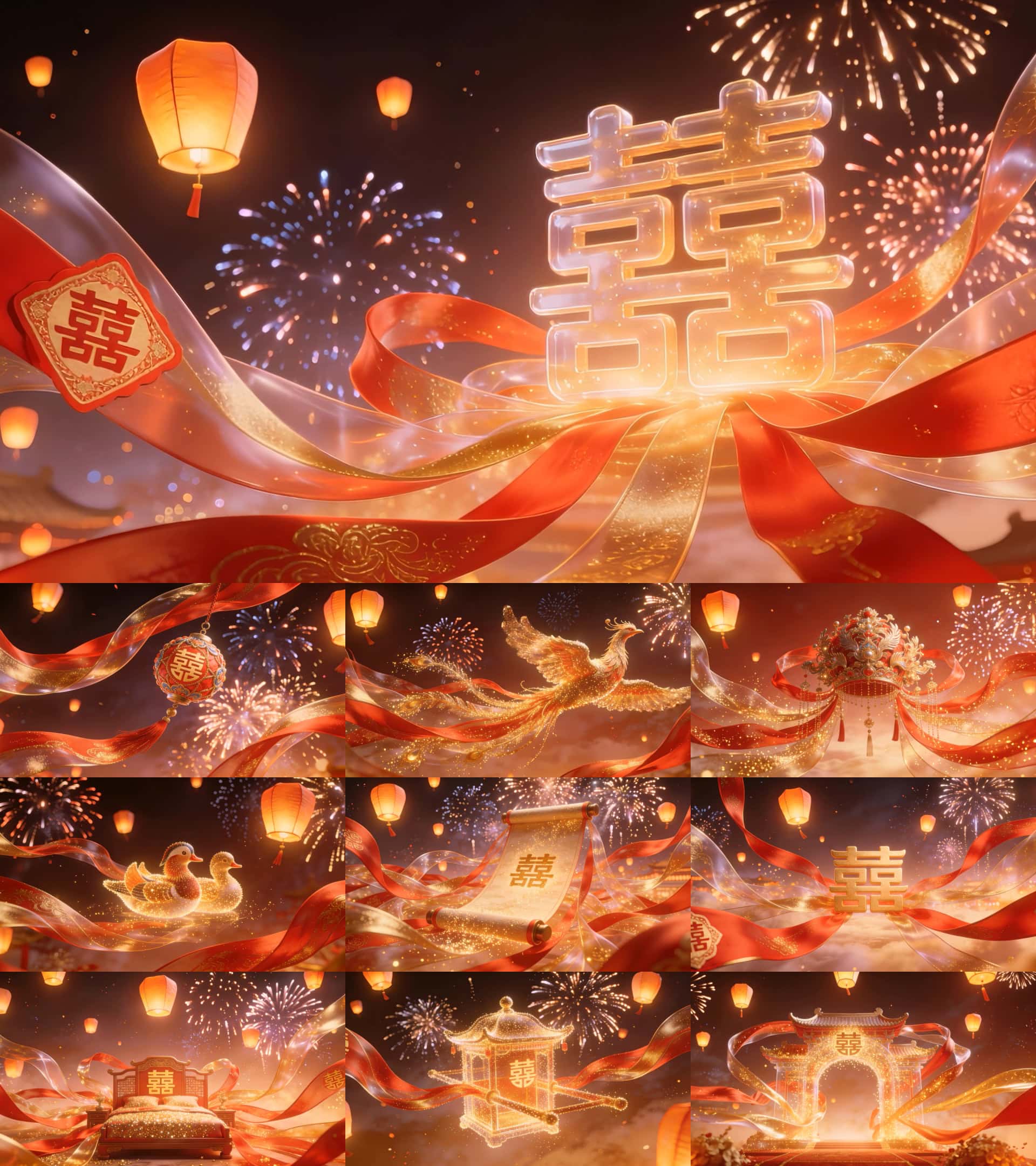 中式婚礼舞台背景视频素材喜庆红绸囍字凤凰