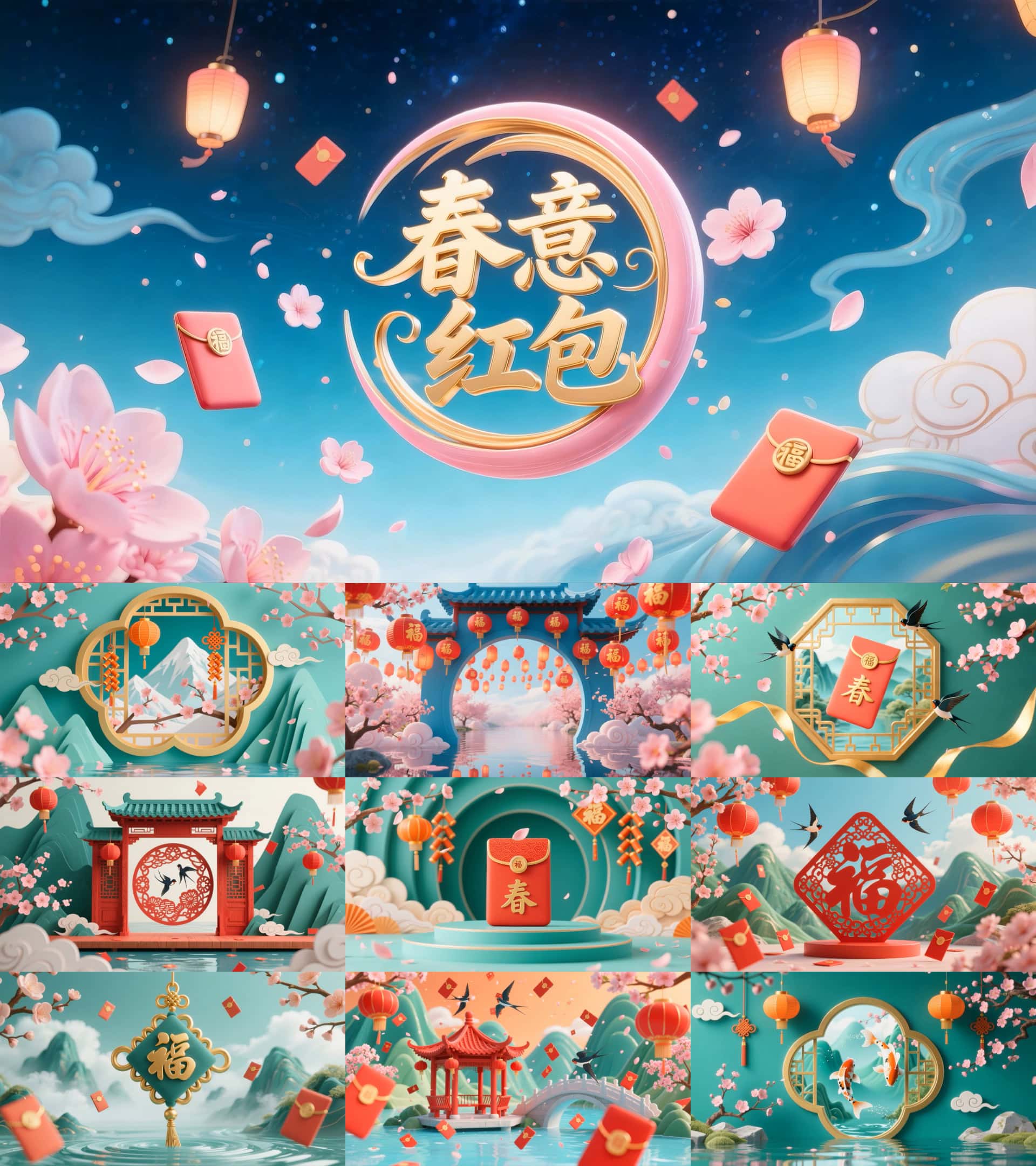 春意红包舞蹈背景视频素材青绿山水桃花