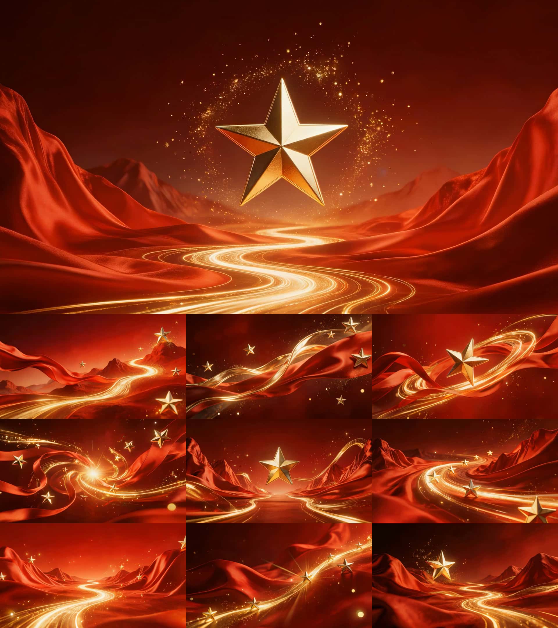 党政五角星背景视频素材大气红绸金色粒子