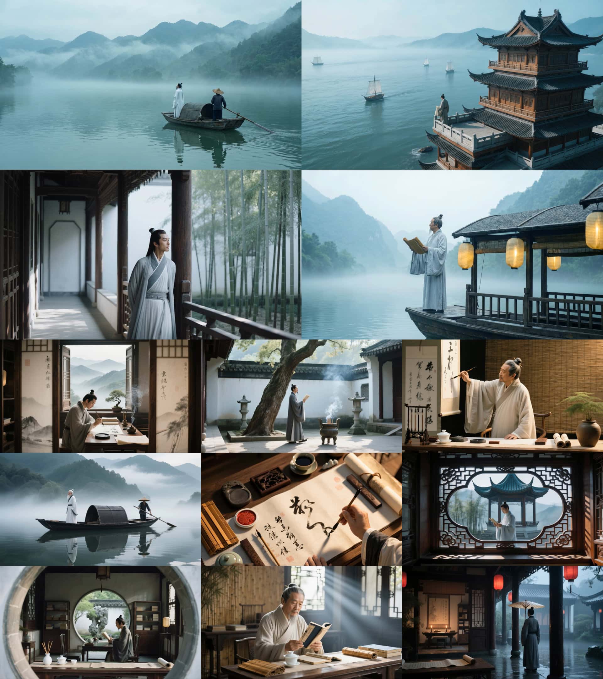 古代文人泛舟视频素材水墨山水书房写字