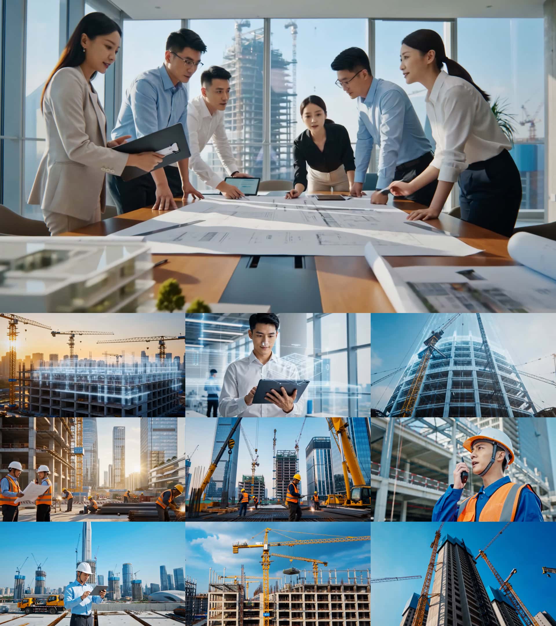 城市建设繁忙建筑工地视频素材 工程师看图纸施工延时预览