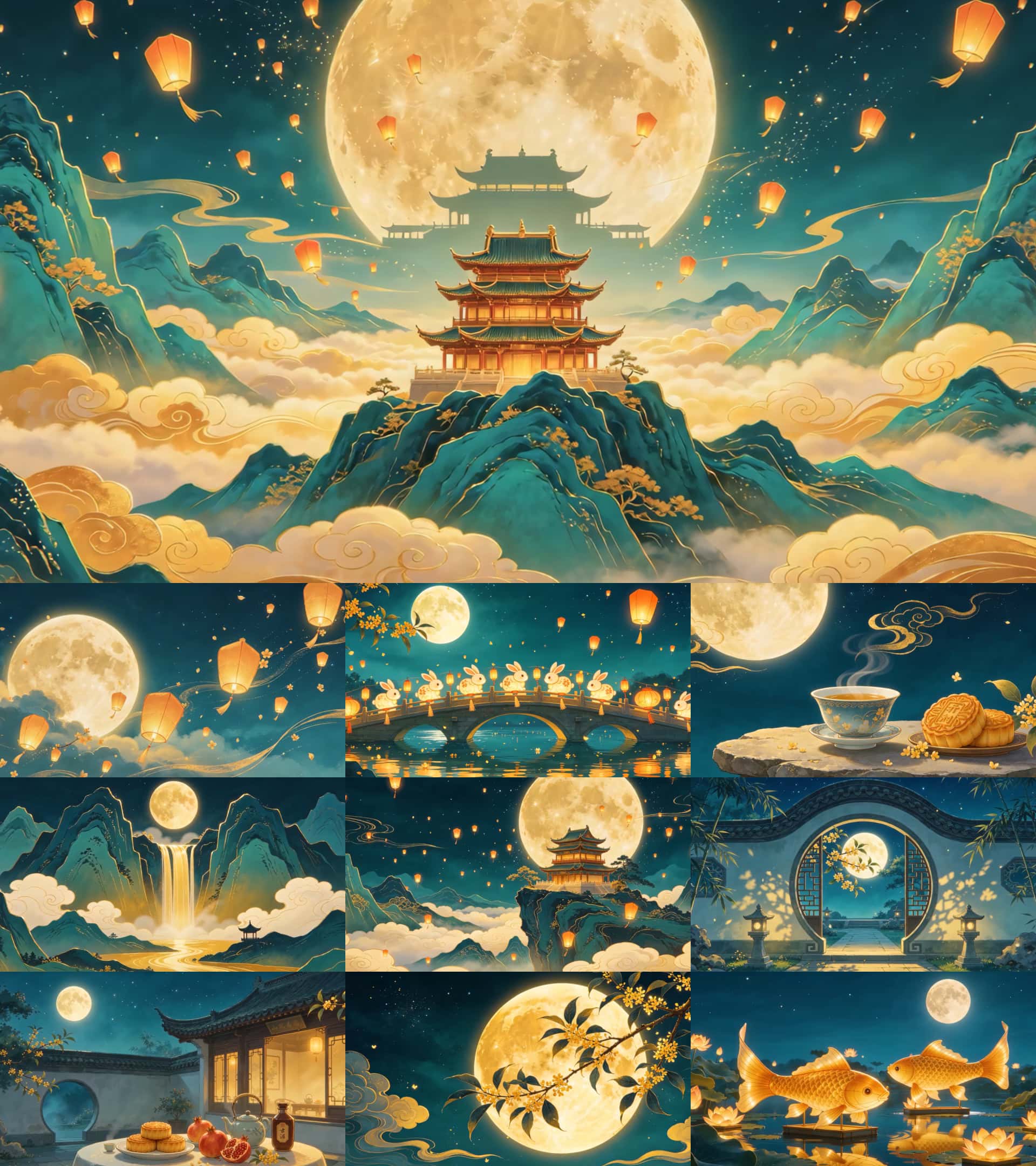 中秋晚会中国风国潮视频素材 满月孔明灯青绿山水LED背景预览