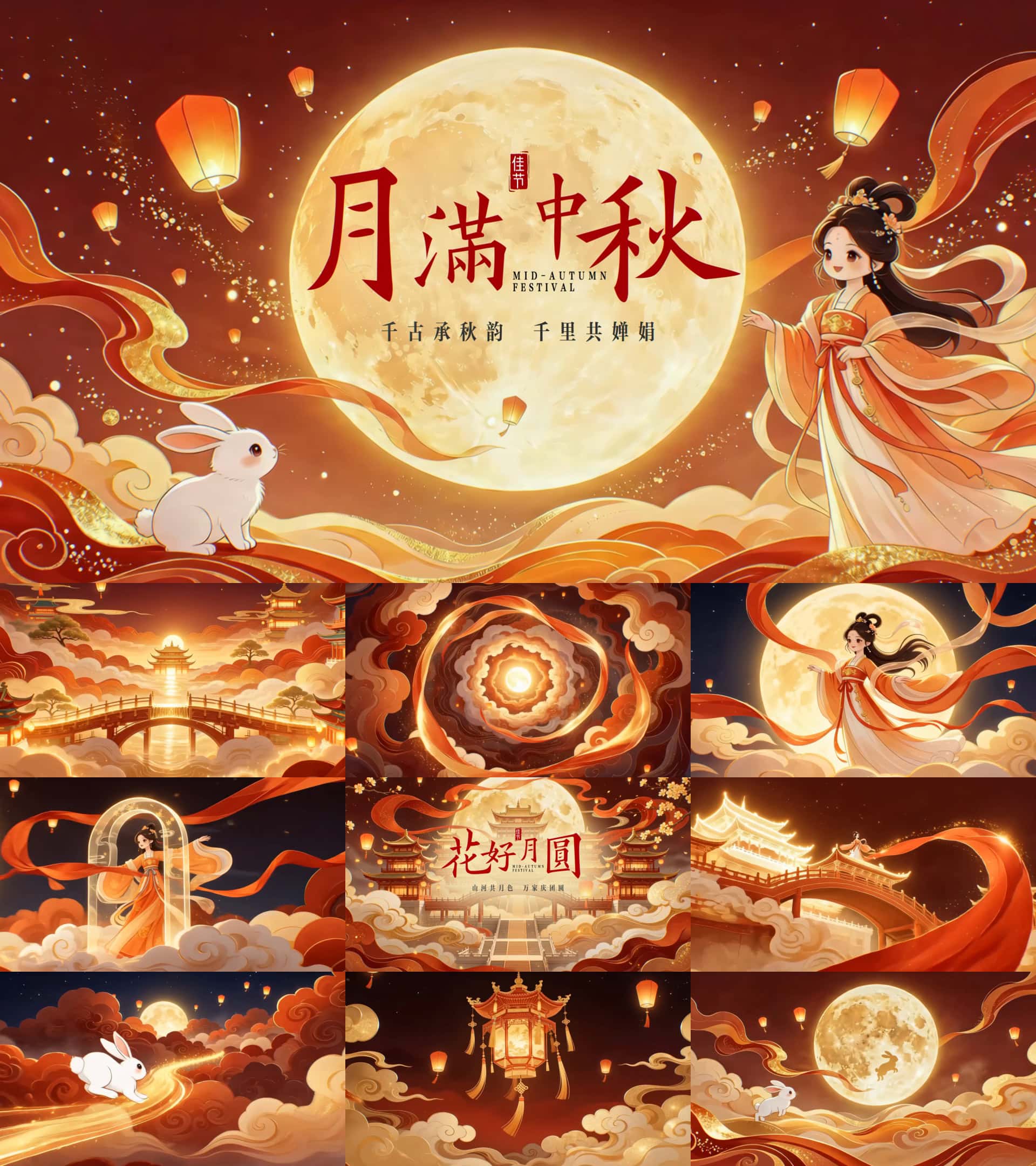 中秋节卡通动画中国风片头视频素材 嫦娥奔月玉兔满月AE模板预览