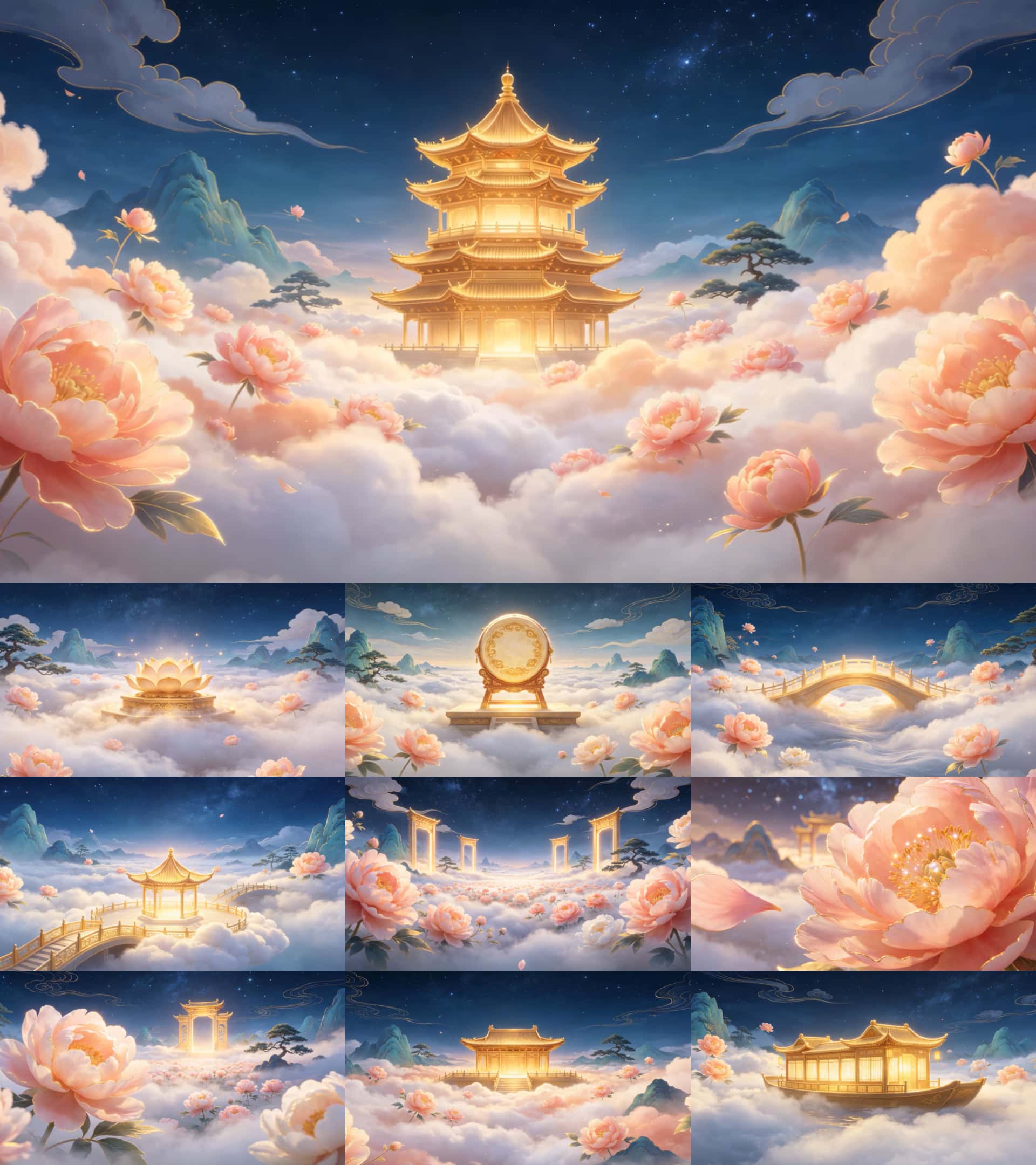国风牡丹云海天宫仙境视频素材 鎏金亭台花开富贵LED大屏预览